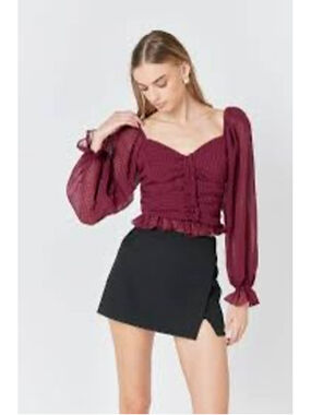 Anthropologie Endless Rose Ruched Chiffon Puff Sleeve Top Womens Size